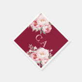 ブルゴーニュのピンクのバラ花模様モノグラム結婚ズ スタンダードカクテルナプキン (角)