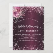 ブルゴーニュのピンクのフローラルはキラキラした誕生日 招待状 (正面)