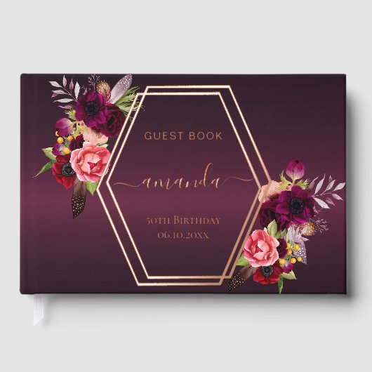 ブルゴーニュのピンクローズ金ゴールド幾何学的花模様誕生日 ゲストブック (正面)