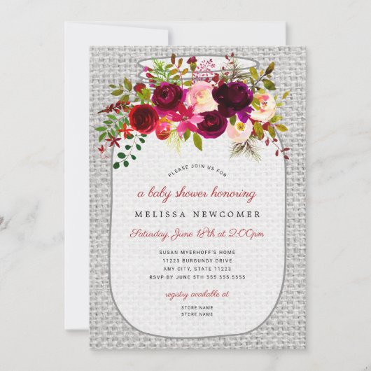 ブルゴーニュのフローラメイスンの瓶の赤ちゃんシャワーの招待状 招待状 (正面)