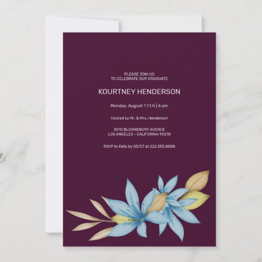 ブルゴーニュのブルーブラウンフローラ写真卒業パーティー 招待状 (裏面)