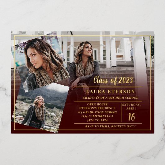 ブルゴーニュのミニマリスト3枚の写真を卒業 箔招待状 (正面)