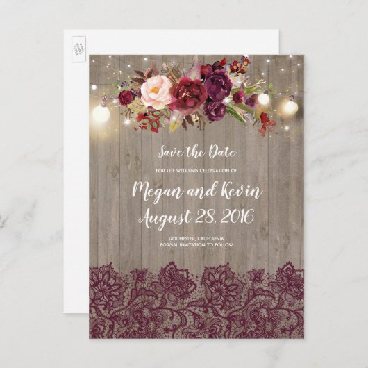 ブルゴーニュのレースと素朴花の日付を保存 案内ポストカード (正面/裏面)