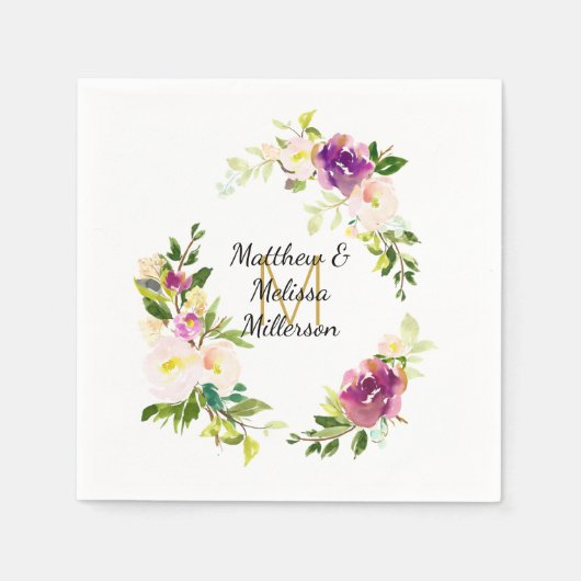 ブルゴーニュのワインとピンクの水の色のフローラ結婚 スタンダードカクテルナプキン (正面)