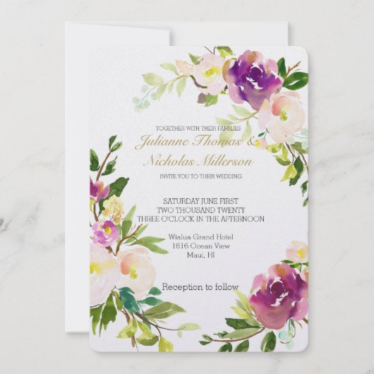 ブルゴーニュのワインとピンクの水の色のフローラ結婚 招待状 (正面)