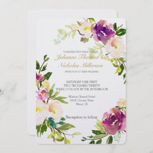 ブルゴーニュのワインとピンクの水の色のフローラ結婚 招待状 (正面/裏面)