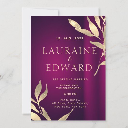 ブルゴーニュのワイン赤と黄金の箔葉の 招待状 (正面)