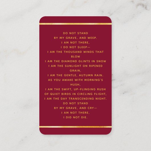 ブルゴーニュの光の写真葬儀祈りの言葉カード 名刺 (裏面)