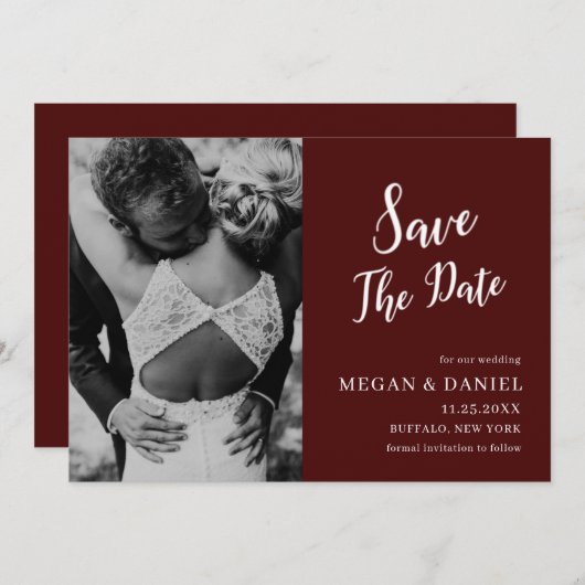 ブルゴーニュの写真 |ウェディング日付の保存招待状 招待状 (正面/裏面)