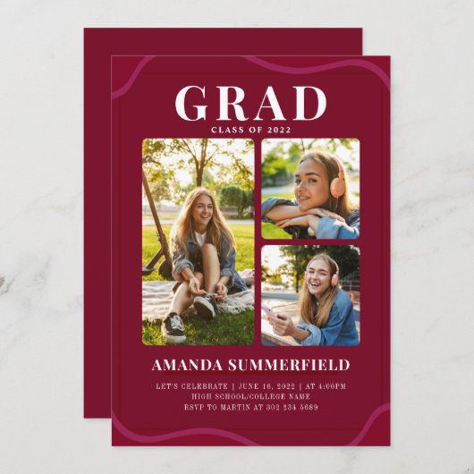 ブルゴーニュの卒業生3写真コラージュ卒業パーティー 招待状 (正面/裏面)