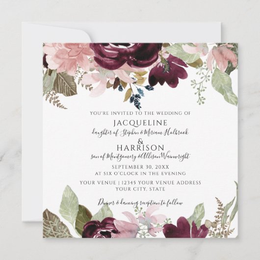 ブルゴーニュの埃っぽいピンクエレガントのフローラ結婚の葉 招待状 (正面)