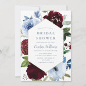 ブルゴーニュの埃っぽいブルーフローラブライダルシャワー 招待状 (正面)