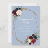 ブルゴーニュの埃っぽいブルーフローラ幾何学婚約 招待状 (正面)