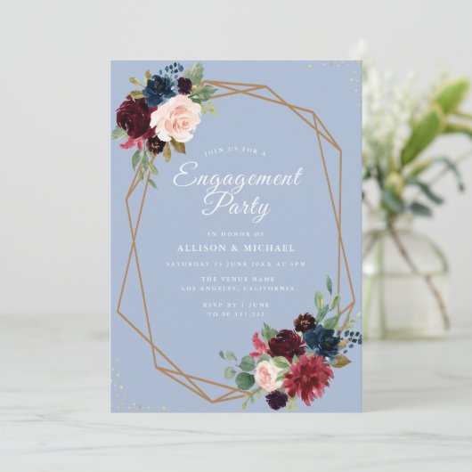 ブルゴーニュの埃っぽいブルーフローラ幾何学婚約 招待状 (スタンド正面)