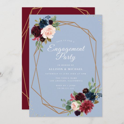 ブルゴーニュの埃っぽいブルーフローラ幾何学婚約 招待状 (正面/裏面)