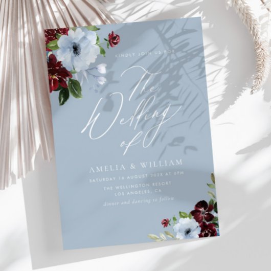 ブルゴーニュの埃っぽいブルーフローラ結婚式招待状 招待状