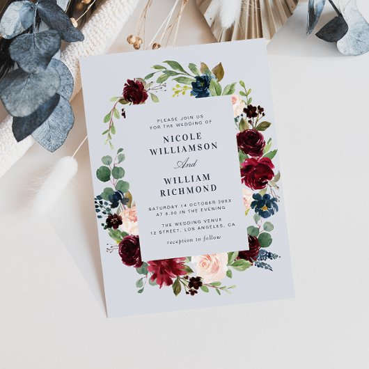 ブルゴーニュの埃っぽいブルー結婚フローラ 招待状