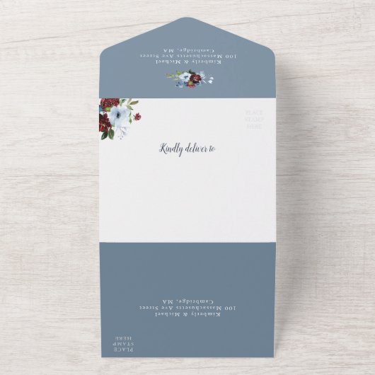 ブルゴーニュの埃っぽい青フローラ幾何結婚性の オールインワン招待状 (外側)