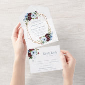 ブルゴーニュの埃っぽい青フローラ幾何結婚性の オールインワン招待状 (貼ってはがせる)