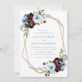 ブルゴーニュの埃っぽい青フローラ幾何結婚性の 招待状 (正面)