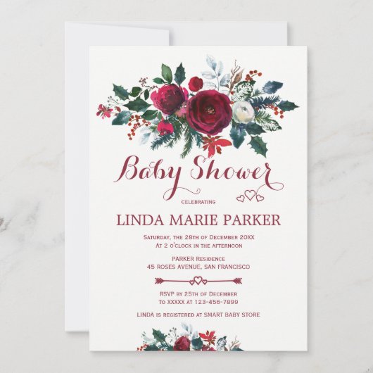 ブルゴーニュの松の緑のフローラ冬の赤ちゃんシャワー 招待状 (正面)