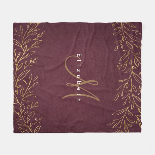 ブルゴーニュの植物パーソナライズされた名とモノグラム フリースブランケット (正面(横))
