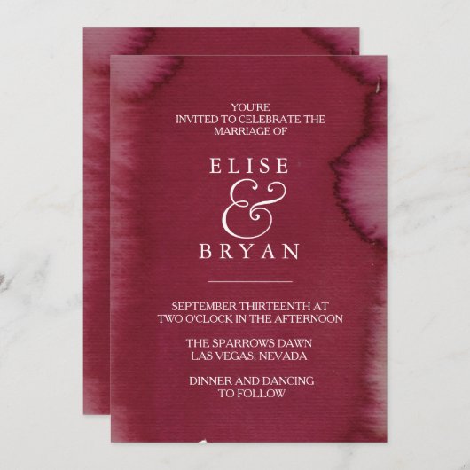 ブルゴーニュの水の色のスプラッシュ絵を描ウェディング招待 招待状 (正面/裏面)