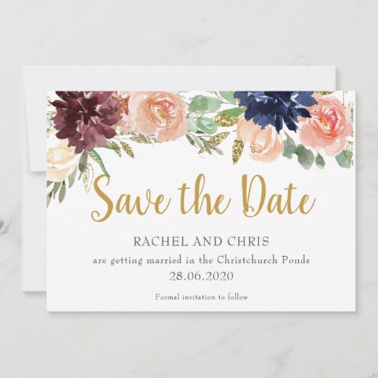 ブルゴーニュの水の色の秋の結婚式日付を保存 招待状 (正面)