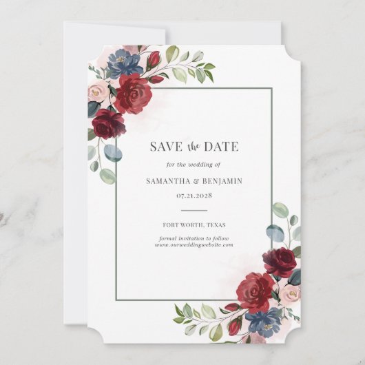 ブルゴーニュの水の色ジオメトリックフローラ日付を保存 セーブザデート (正面)