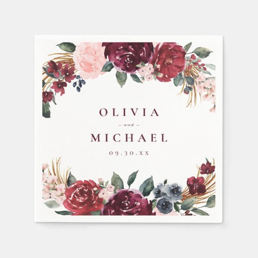 ブルゴーニュの水の色フローラ素朴なボホ結婚の スタンダードカクテルナプキン (正面)