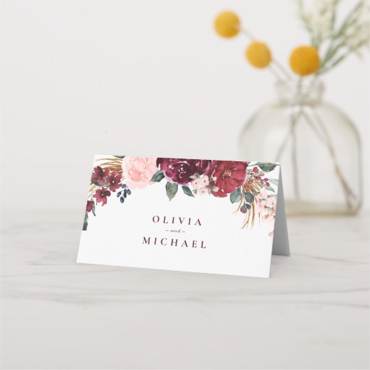 ブルゴーニュの水の色フローラ素朴なボホ結婚の プレイスカード (裏面)