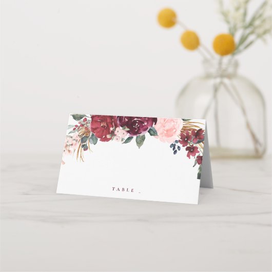 ブルゴーニュの水の色フローラ素朴なボホ結婚の プレイスカード (正面)