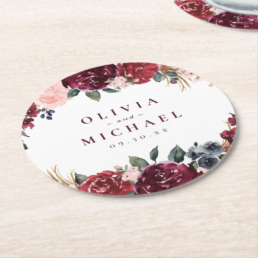 ブルゴーニュの水の色フローラ素朴なボホ結婚の ラウンドペーパーコースター (アングル)