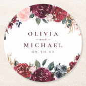 ブルゴーニュの水の色フローラ素朴なボホ結婚の ラウンドペーパーコースター (正面)