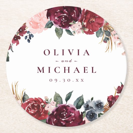 ブルゴーニュの水の色フローラ素朴なボホ結婚の ラウンドペーパーコースター (正面)