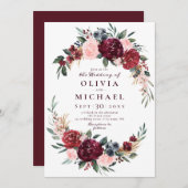 ブルゴーニュの水の色フローラ素朴なボホ結婚の 招待状 (正面/裏面)