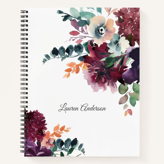 ブルゴーニュの水彩フローラの花束と名前 ノートブック (正面)