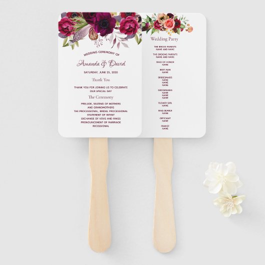 ブルゴーニュの水彩色のフローラ結婚式 ハンドファン (正面&裏面)