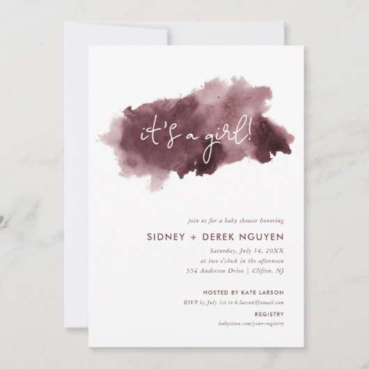 ブルゴーニュの水洗女の子の赤ちゃんシャワー 招待状 (正面)