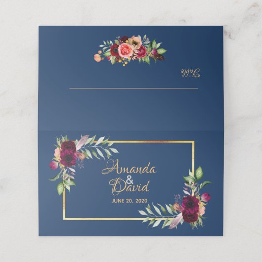 ブルゴーニュの水色の花模様は青結婚い プレイスカード (外部開封)