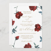 ブルゴーニュの水色の赤いバラ結婚式招待状 招待状 (正面/裏面)