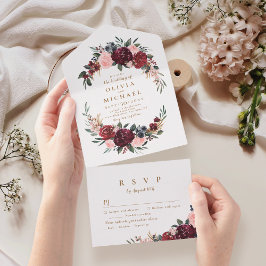 ブルゴーニュの水色フローラ素朴な結婚ボホのアル オールインワン招待状