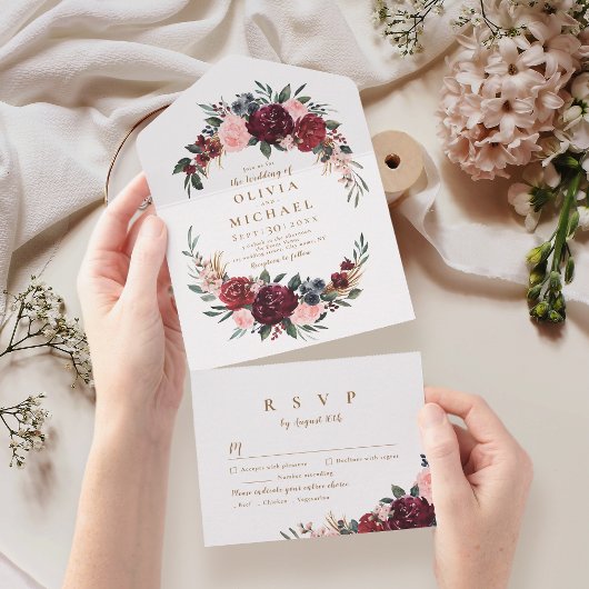 ブルゴーニュの水色フローラ素朴な結婚ボホのアル オールインワン招待状