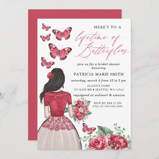 ブルゴーニュの生涯の蝶ブライダルシャワー 招待状 (正面/裏面)