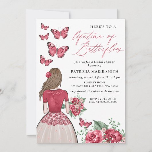 ブルゴーニュの生涯の蝶ブライダルシャワー 招待状 (正面)
