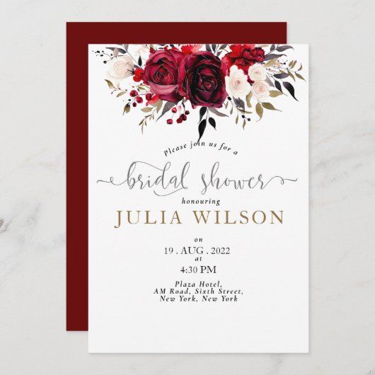 ブルゴーニュの至福エレガント:フローラつる植物パターン勝利 招待状 (正面/裏面)