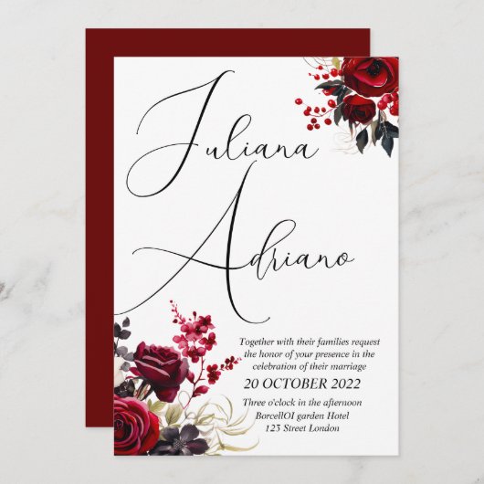 ブルゴーニュの至福エレガント:フローラつる植物パターン勝利 招待状 (正面/裏面)