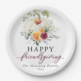 ブルゴーニュの花と白いカボチャのFriendsgiving ペーパープレート