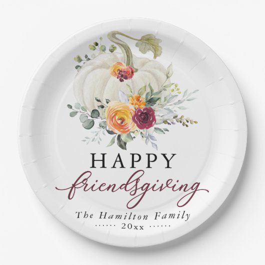 ブルゴーニュの花と白いカボチャのFriendsgiving ペーパープレート (正面)