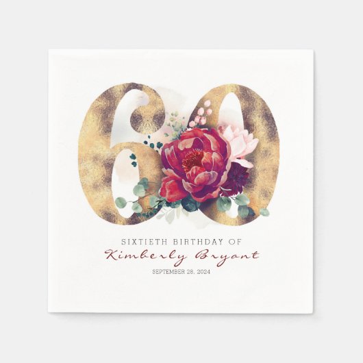 ブルゴーニュの花と金ゴールドタイポグラフィ60誕生日 スタンダードカクテルナプキン (正面)